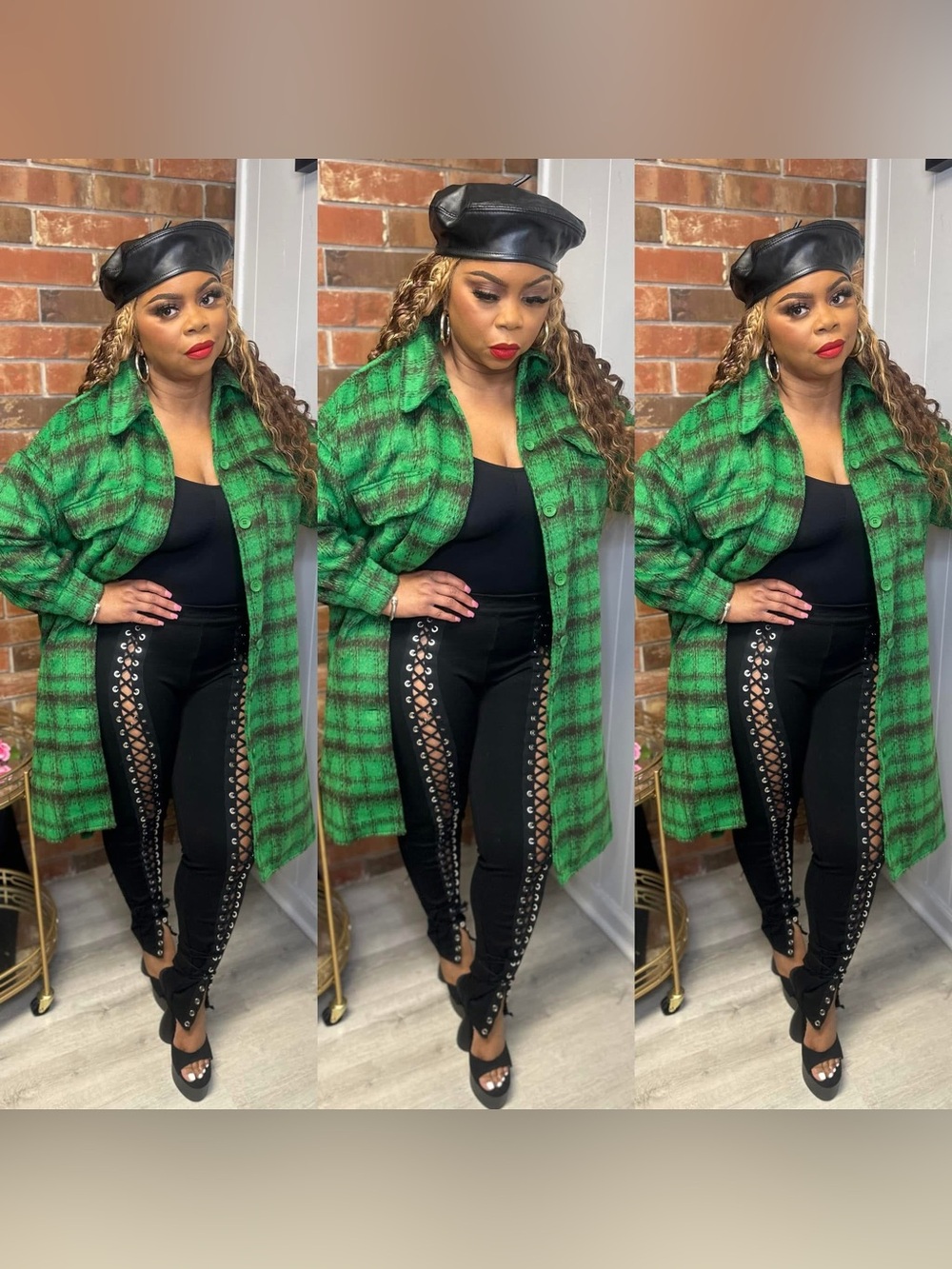 Green and Black Plaid Longline Jacket